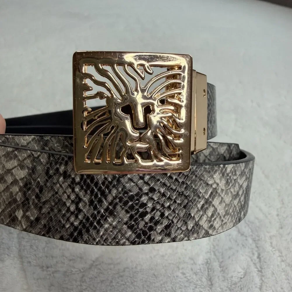 Vintage Anne Klein‎ Gold Lion Head Logo Buckle Reversible Snake Skin Belt 29-35